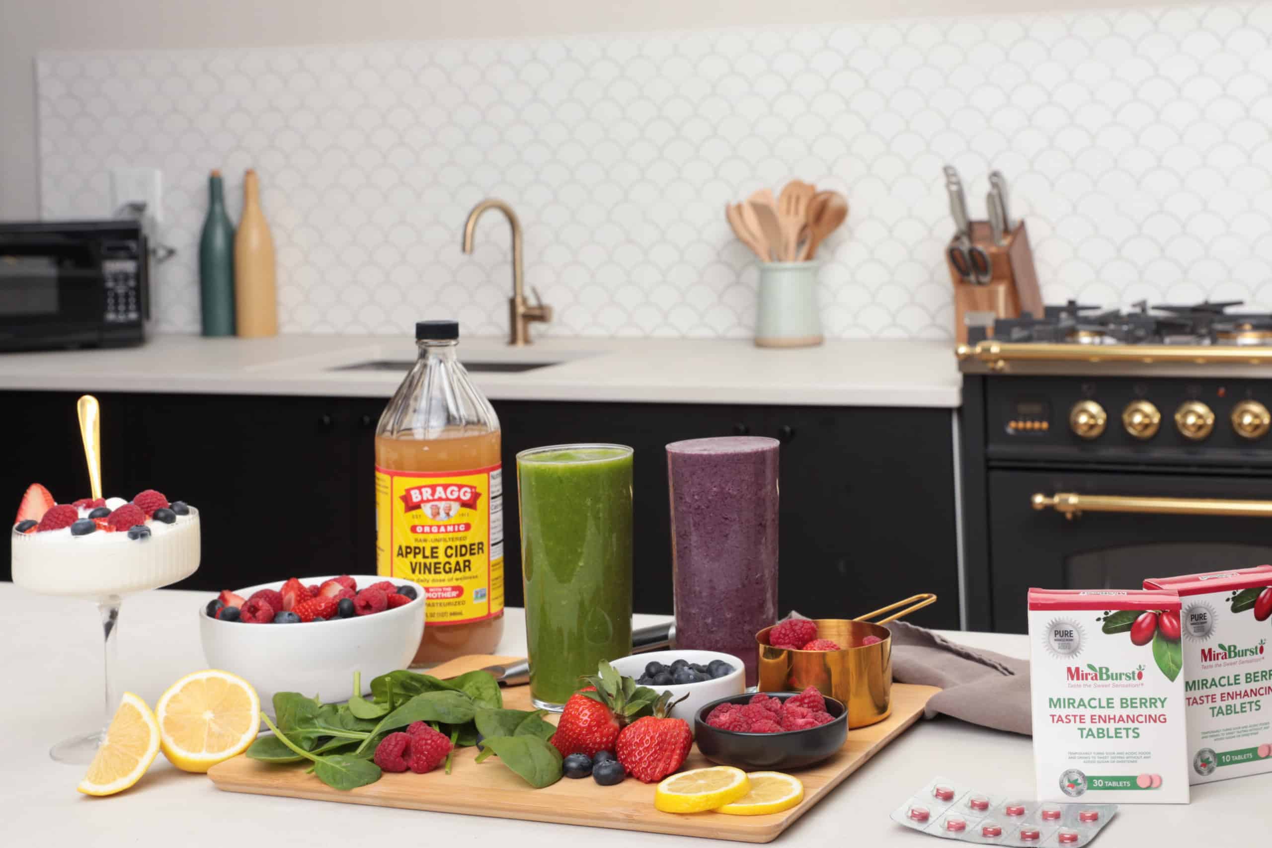 MiraBurst low sugar foods and drinks on a kitchen counter